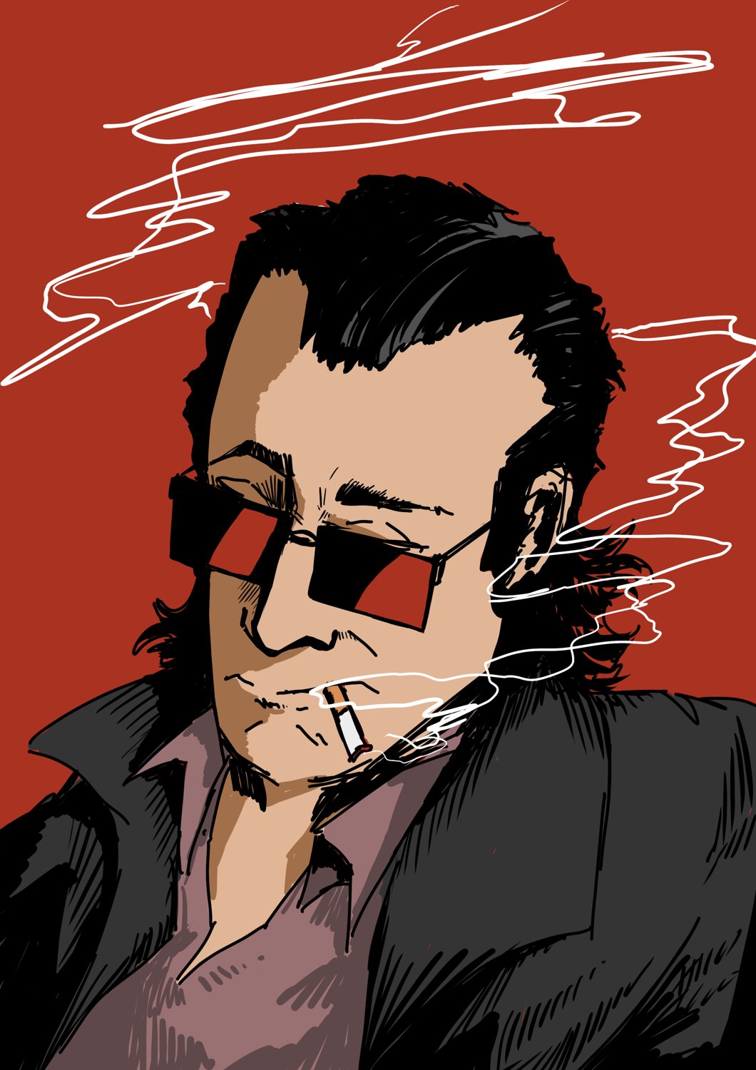 A man in dark red glasses, smoking, looking out from a deep red ground