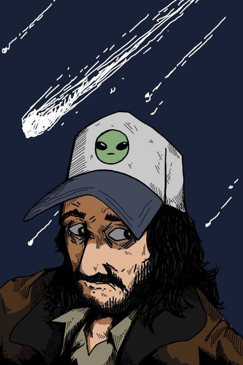 Postcard — man in an alien cap under falling comets, night-blue ground