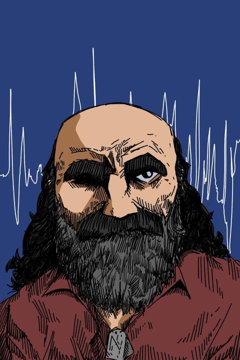 Postcard — bearded man with a signal waveform, blue ground