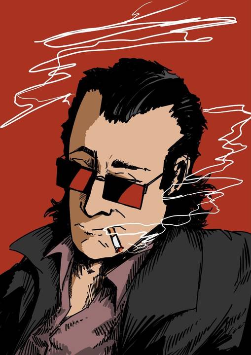 Postcard — man in red glasses with a cigarette, red ground