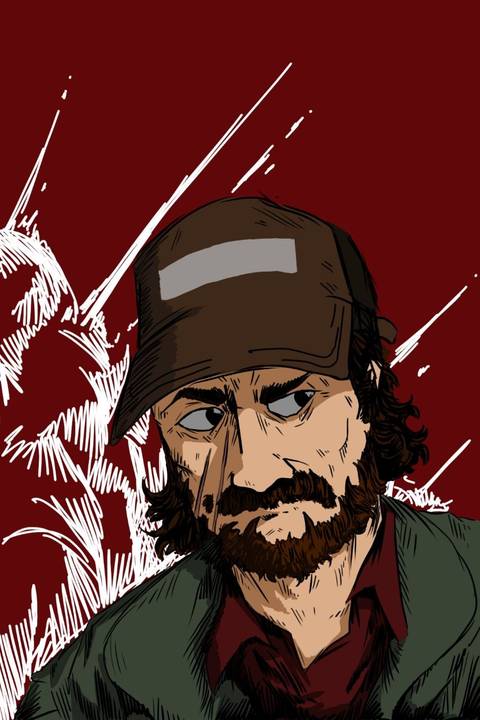 Postcard — bearded man in a trucker cap, dark red ground